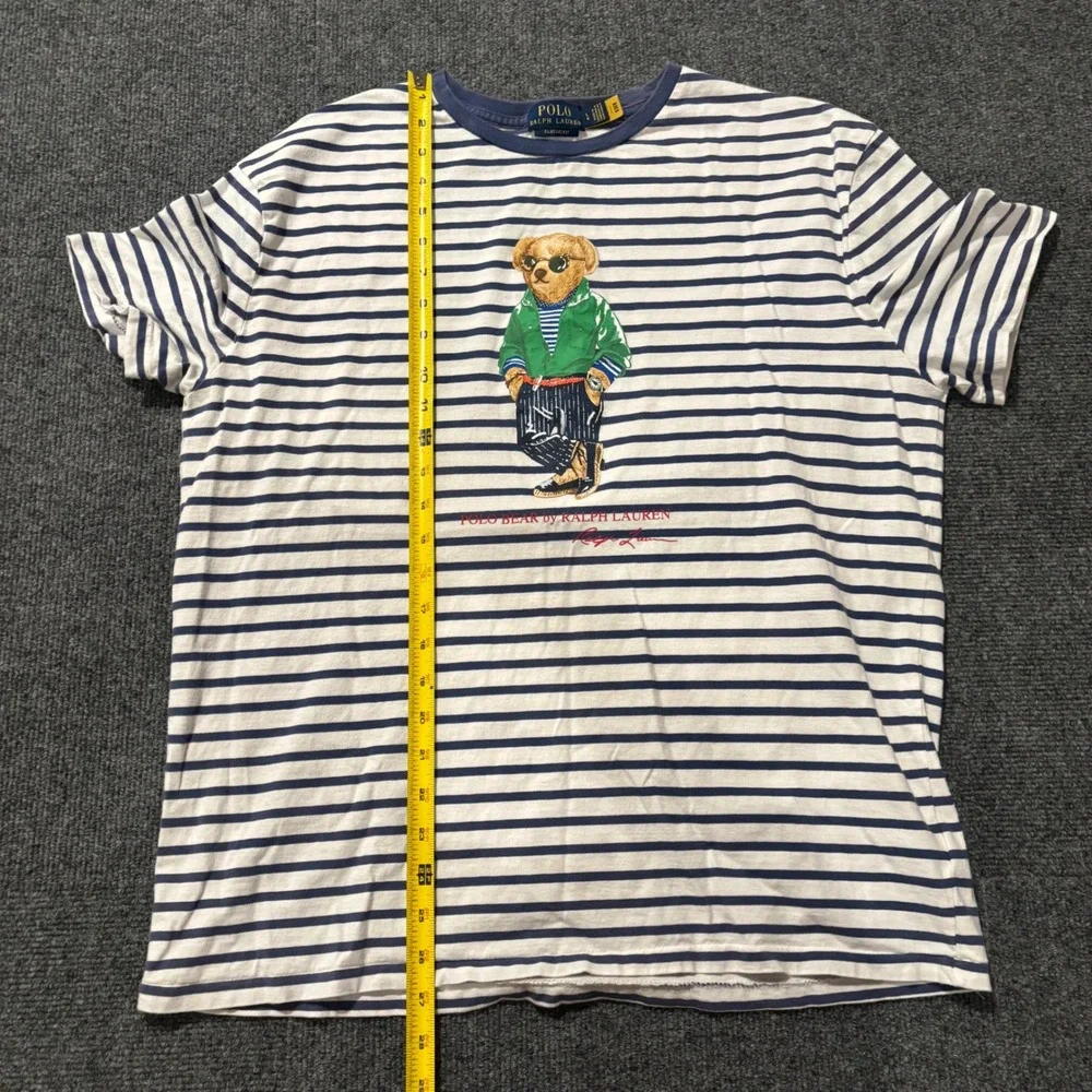 Polo Ralph Lauren Mens Polo Bear Striped T-Shirt Navy White Classic Fit Large